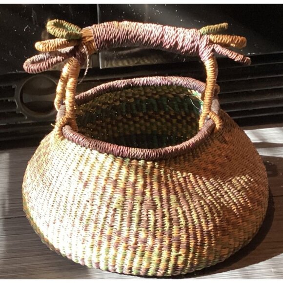 Basket Handwoven African Bolga With Handle Multicolor Woven Straw - Picture 2 of 6